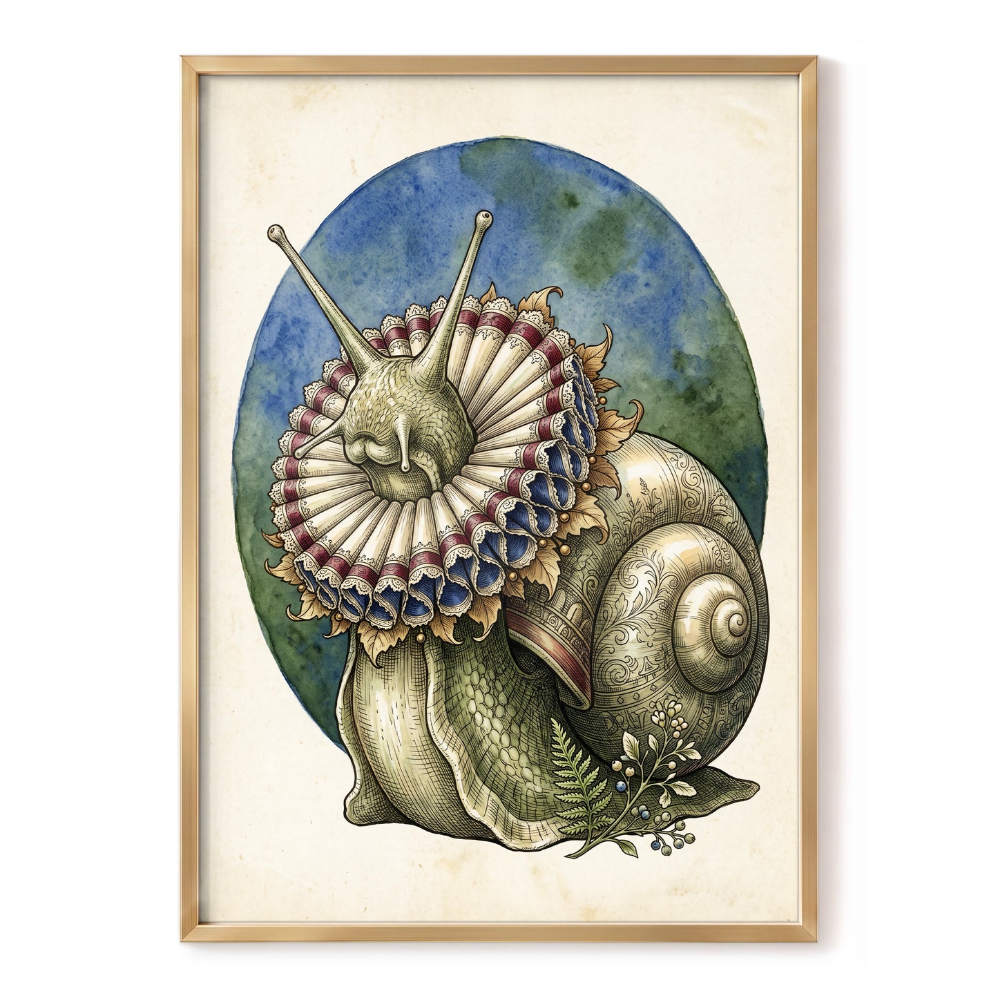 The Ruffled Snail, beige, blue, green nature wall art, front artwork view