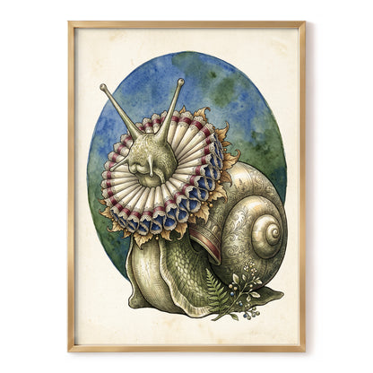 The Ruffled Snail, beige, blue, green nature wall art, front artwork view