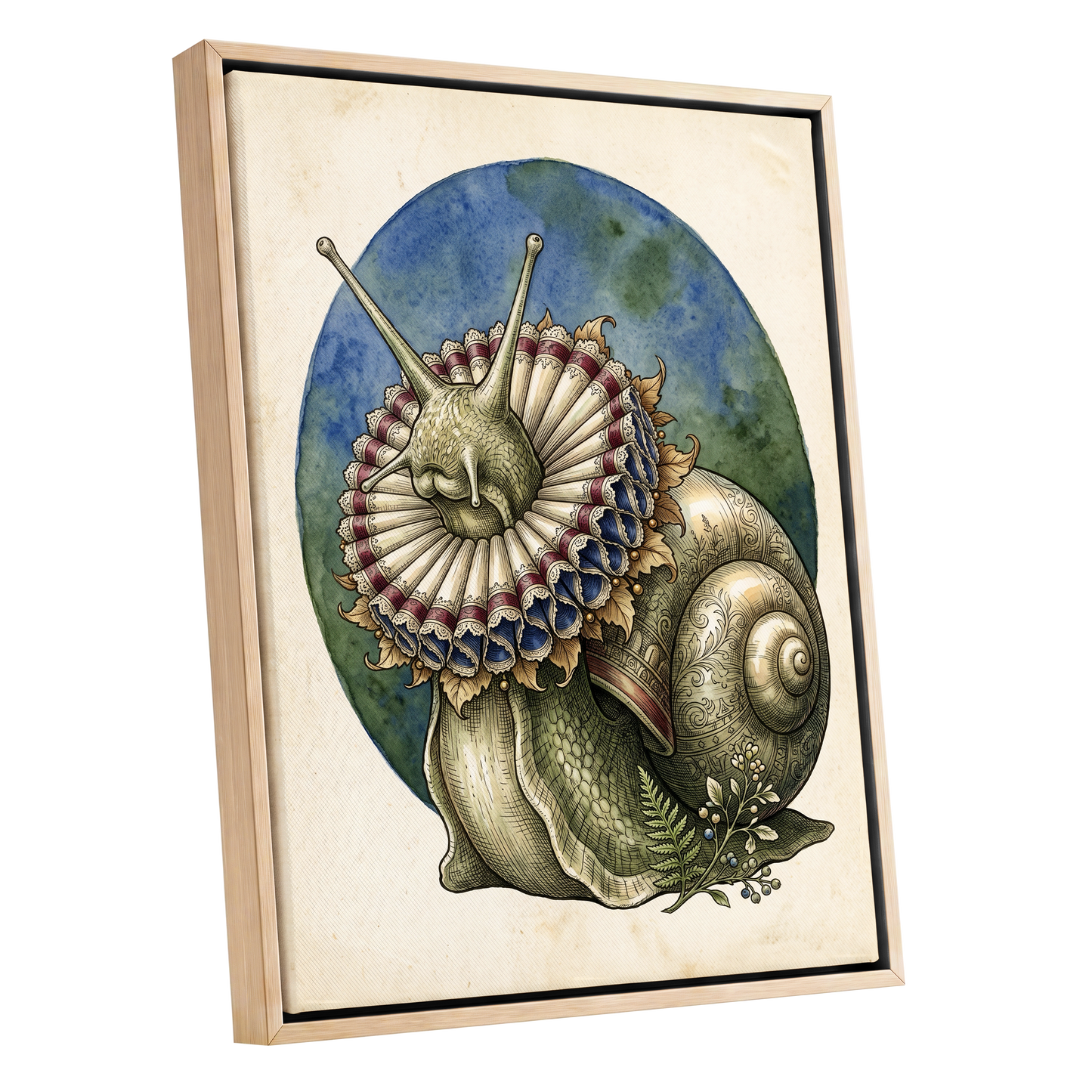 The Ruffled Snail, beige, blue, green nature wall art shown as a oak framed canvas wall art