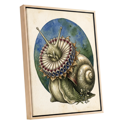 The Ruffled Snail, beige, blue, green nature wall art shown as a oak framed canvas wall art