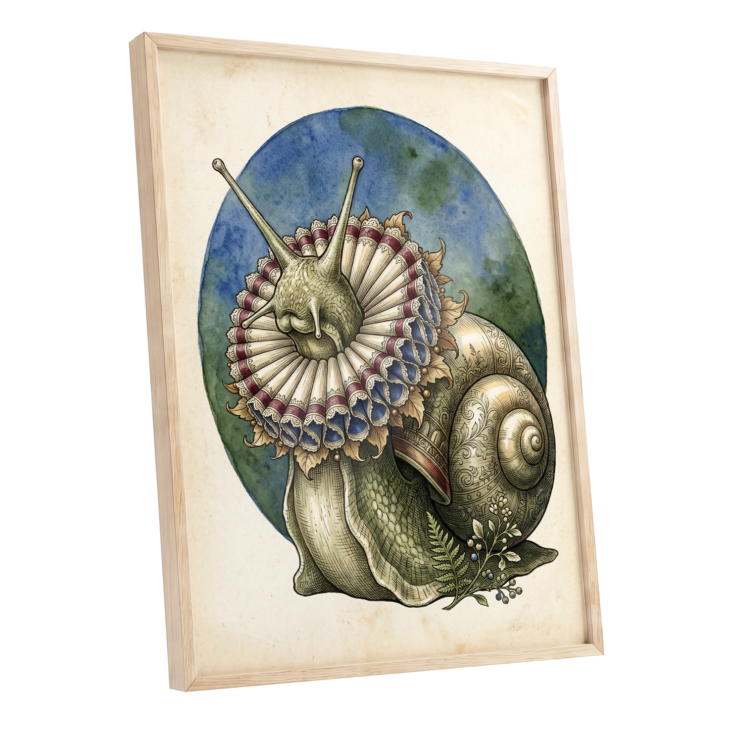 The Ruffled Snail, beige, blue, green nature wall art shown as a oak framed poster wall art print