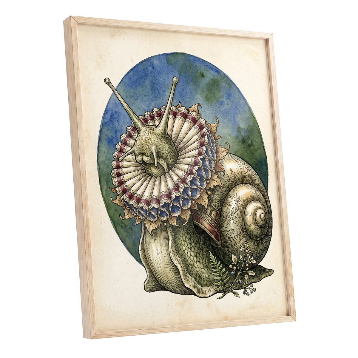 The Ruffled Snail, beige, blue, green nature wall art shown as a oak framed poster wall art print