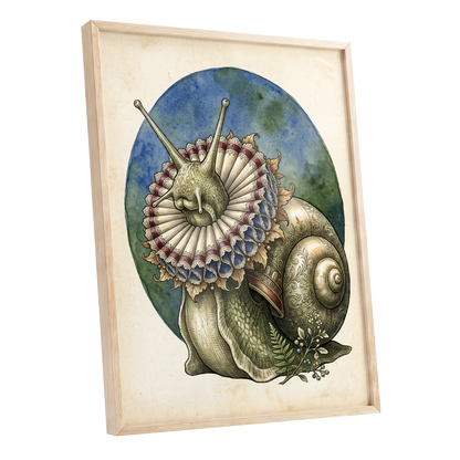 The Ruffled Snail, beige, blue, green nature wall art shown as a oak framed poster wall art print