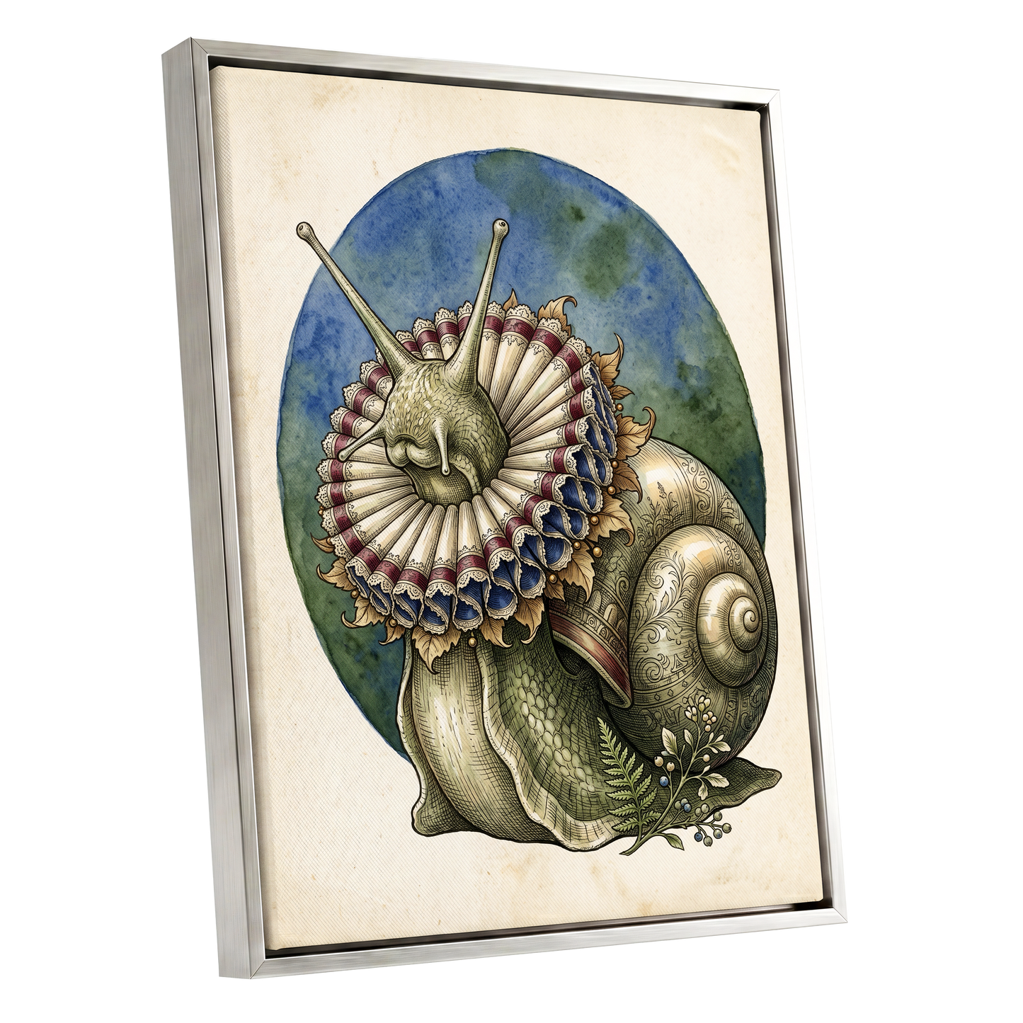 The Ruffled Snail, beige, blue, green nature wall art shown as a silver framed canvas wall art