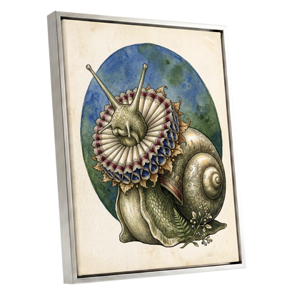 The Ruffled Snail, beige, blue, green nature wall art shown as a silver framed canvas wall art