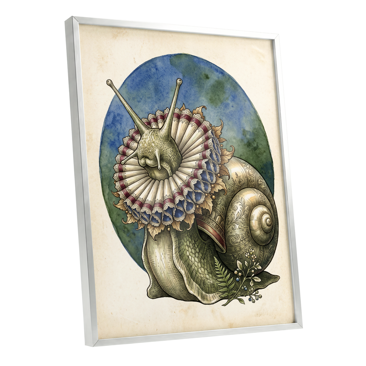 The Ruffled Snail, beige, blue, green nature wall art shown as a silver framed poster wall art print