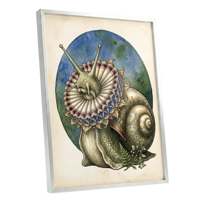 The Ruffled Snail, beige, blue, green nature wall art shown as a silver framed poster wall art print