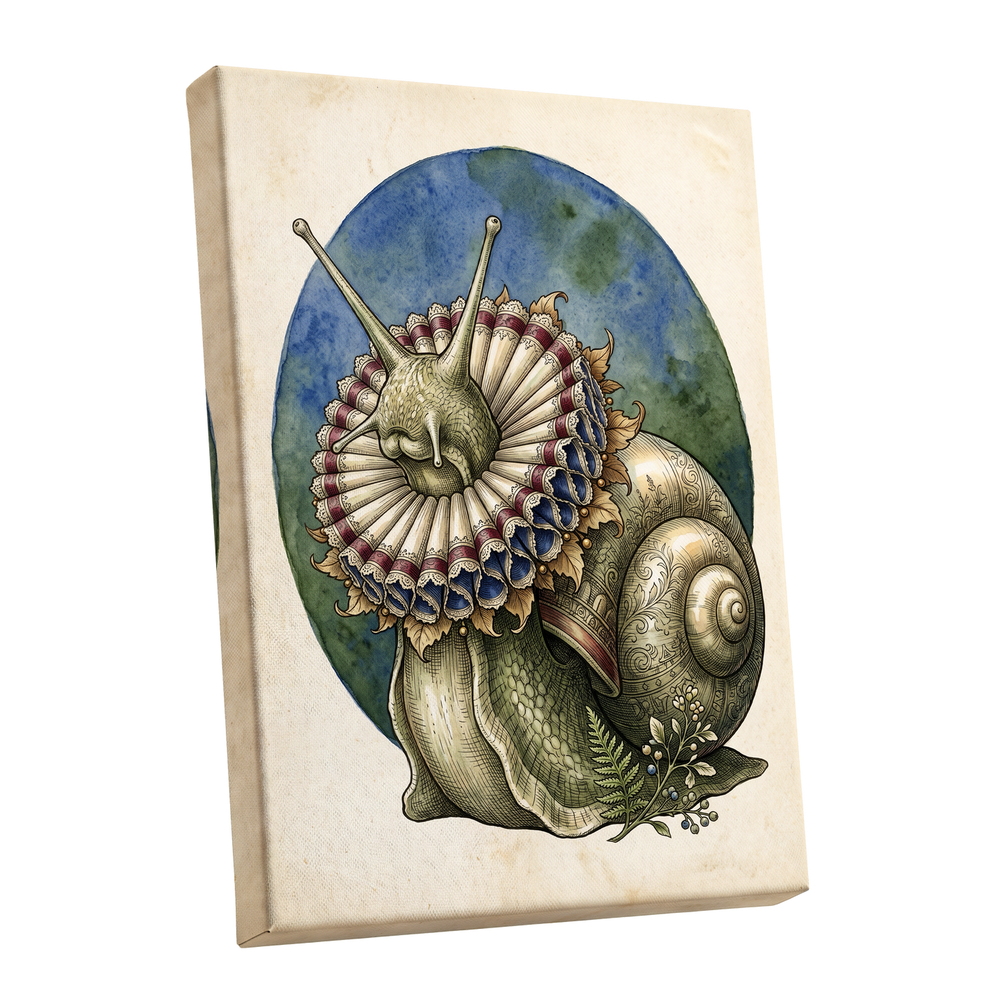 The Ruffled Snail, beige, blue, green nature wall art shown as a stretched canvas wall art