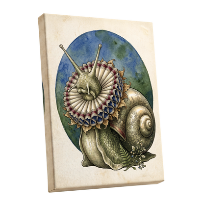 The Ruffled Snail, beige, blue, green nature wall art shown as a stretched canvas wall art