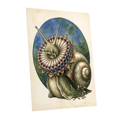 The Ruffled Snail, beige, blue, green nature wall art shown as a unframed poster wall art print