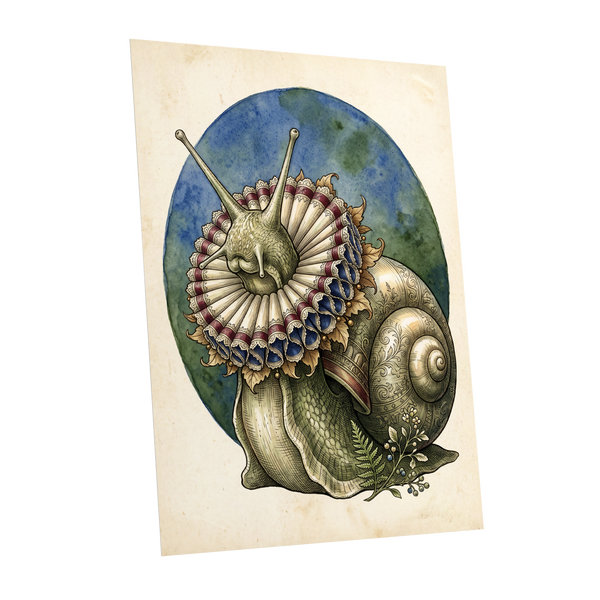 The Ruffled Snail, beige, blue, green nature wall art shown as a unframed poster wall art print