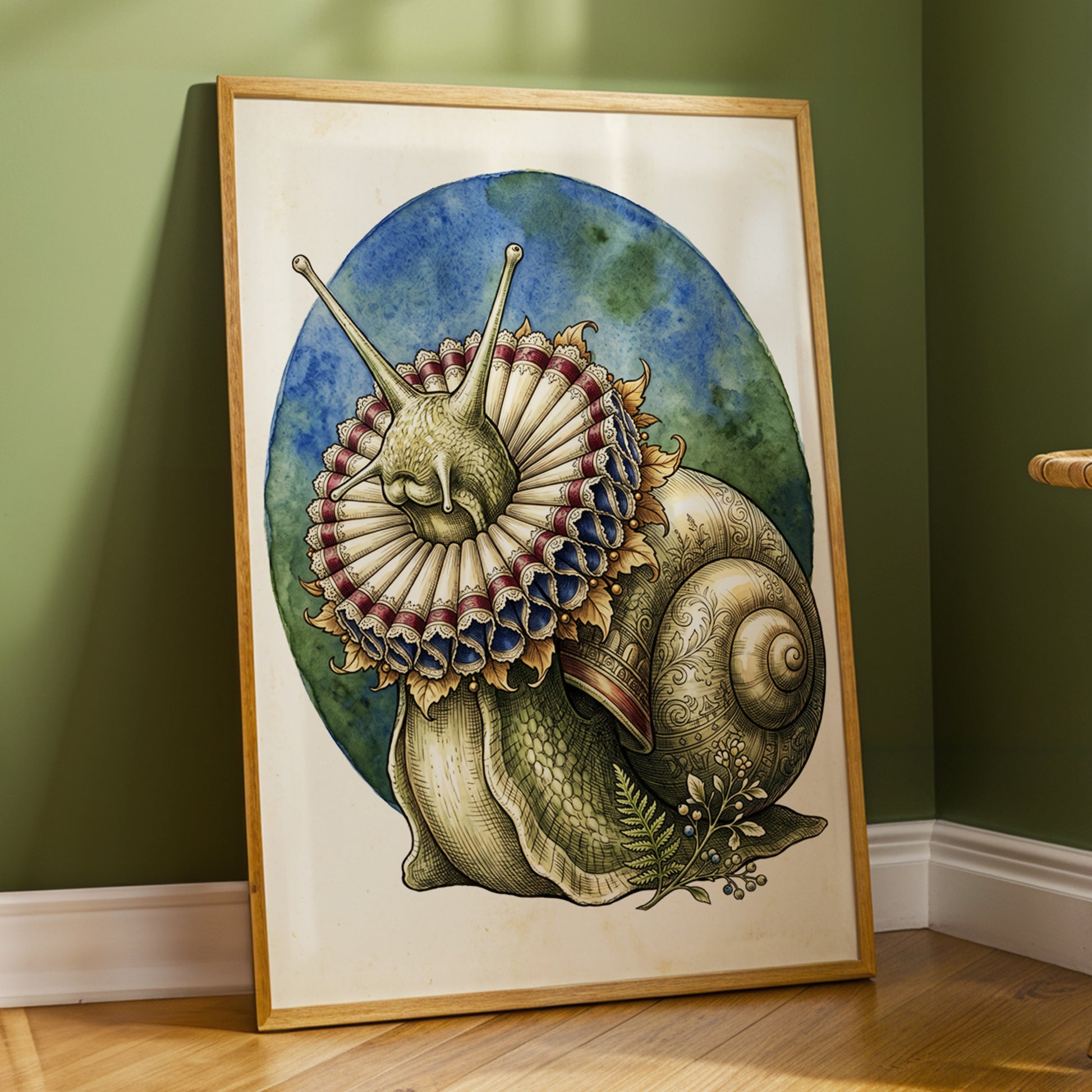 The Ruffled Snail, beige, blue, green nature wall art displayed in a styled interior, gallery view 2