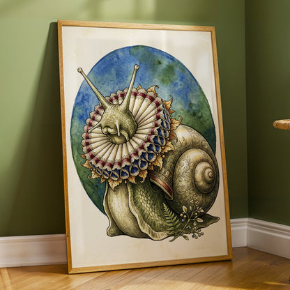 The Ruffled Snail, beige, blue, green nature wall art displayed in a styled interior, gallery view 2