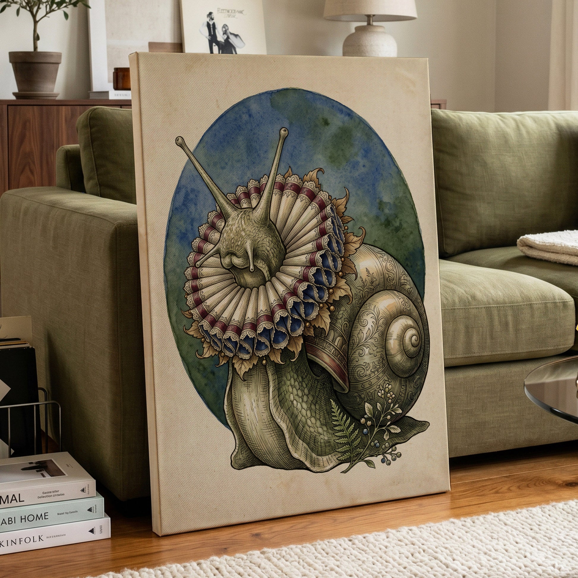 The Ruffled Snail, beige, blue, green nature wall art displayed in a styled interior, gallery view 3