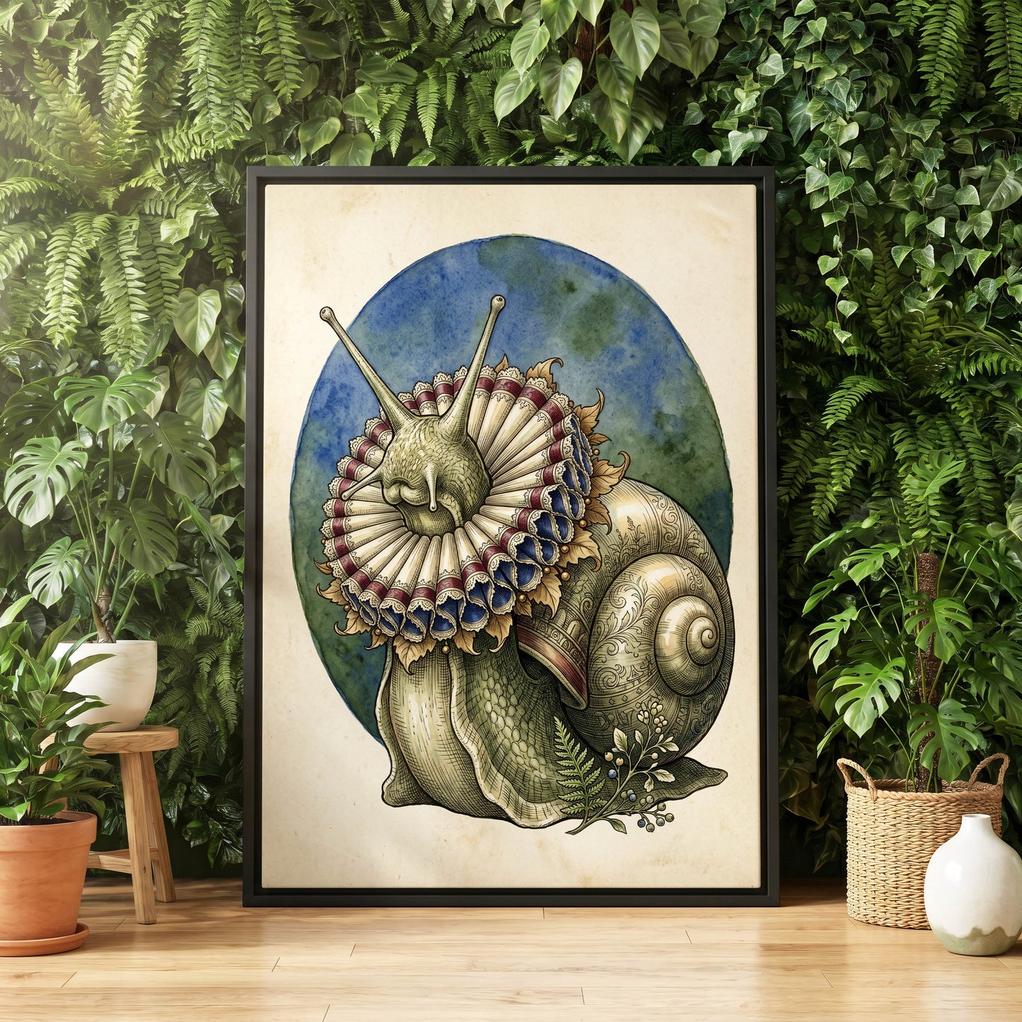 The Ruffled Snail, beige, blue, green nature wall art displayed in a styled interior, gallery view 4