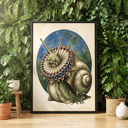 The Ruffled Snail, beige, blue, green nature wall art displayed in a styled interior, gallery view 4
