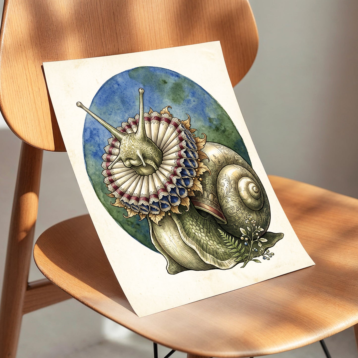 The Ruffled Snail, beige, blue, green nature wall art displayed in a styled interior, gallery view 5