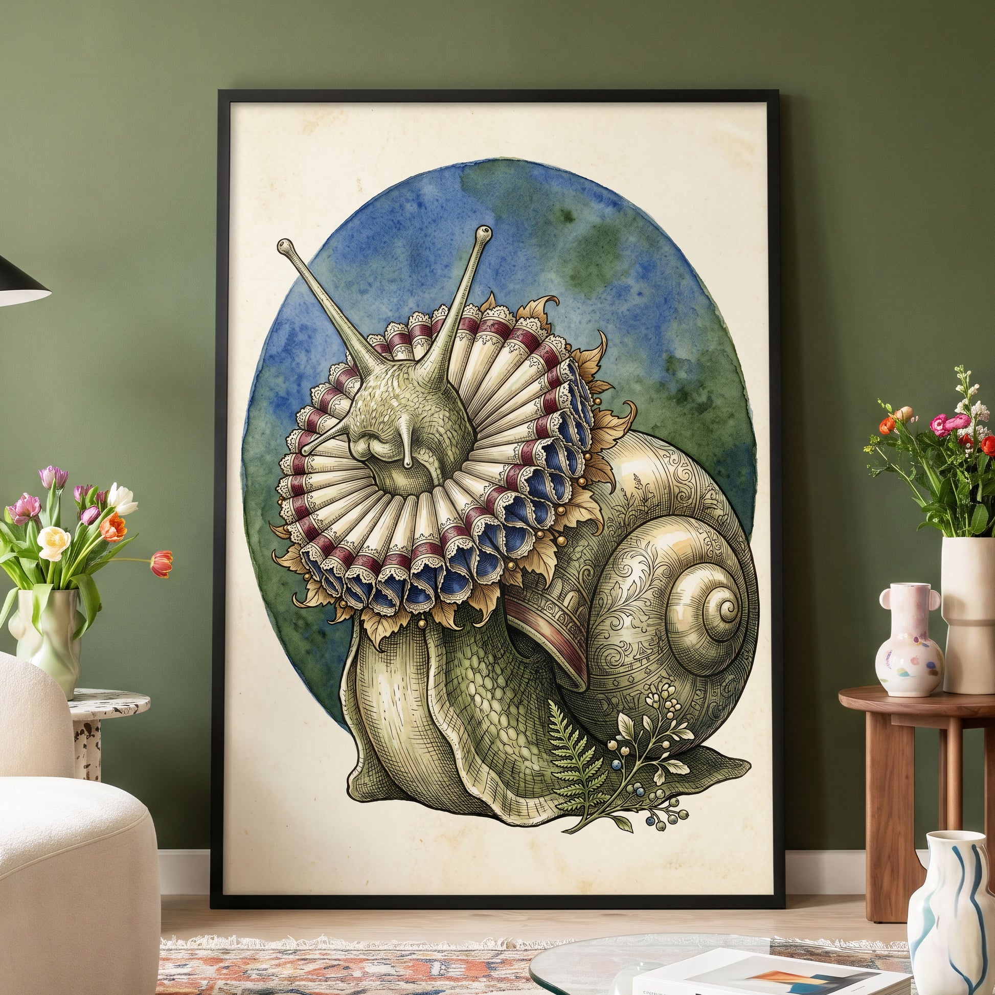 The Ruffled Snail, beige, blue, green nature wall art displayed in a styled interior, gallery view 6