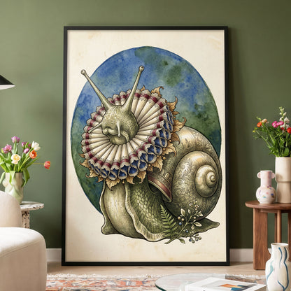 The Ruffled Snail, beige, blue, green nature wall art displayed in a styled interior, gallery view 6