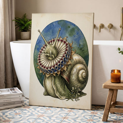 The Ruffled Snail, beige, blue, green nature wall art displayed in a styled interior, gallery view 7