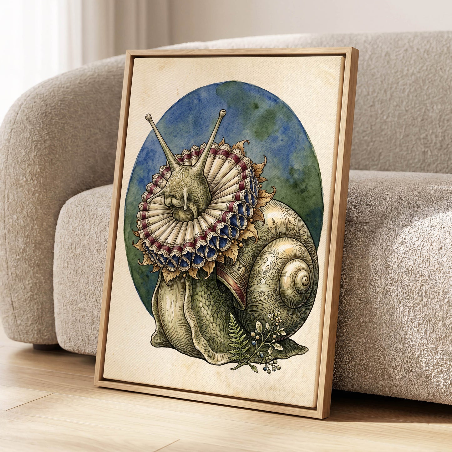 The Ruffled Snail, beige, blue, green nature wall art displayed in a styled interior, gallery view 8