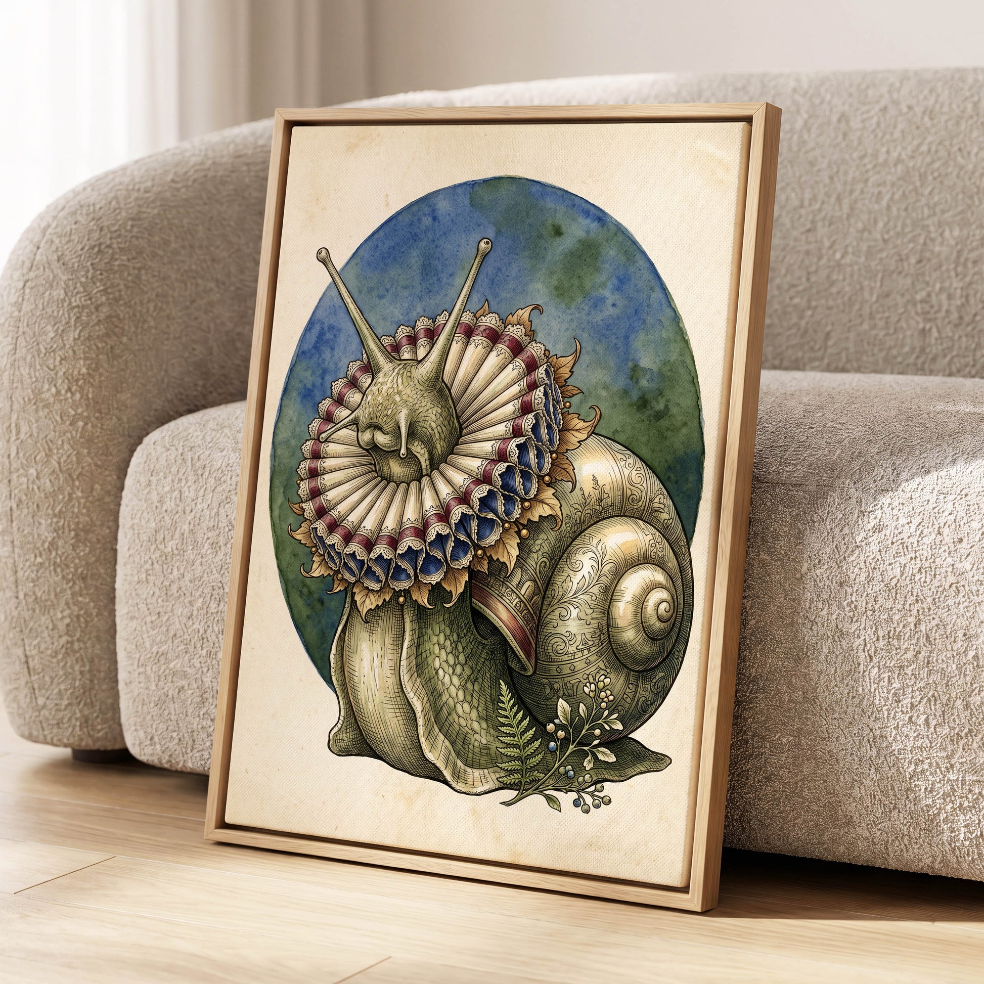The Ruffled Snail, beige, blue, green nature wall art displayed in a styled interior, gallery view 8
