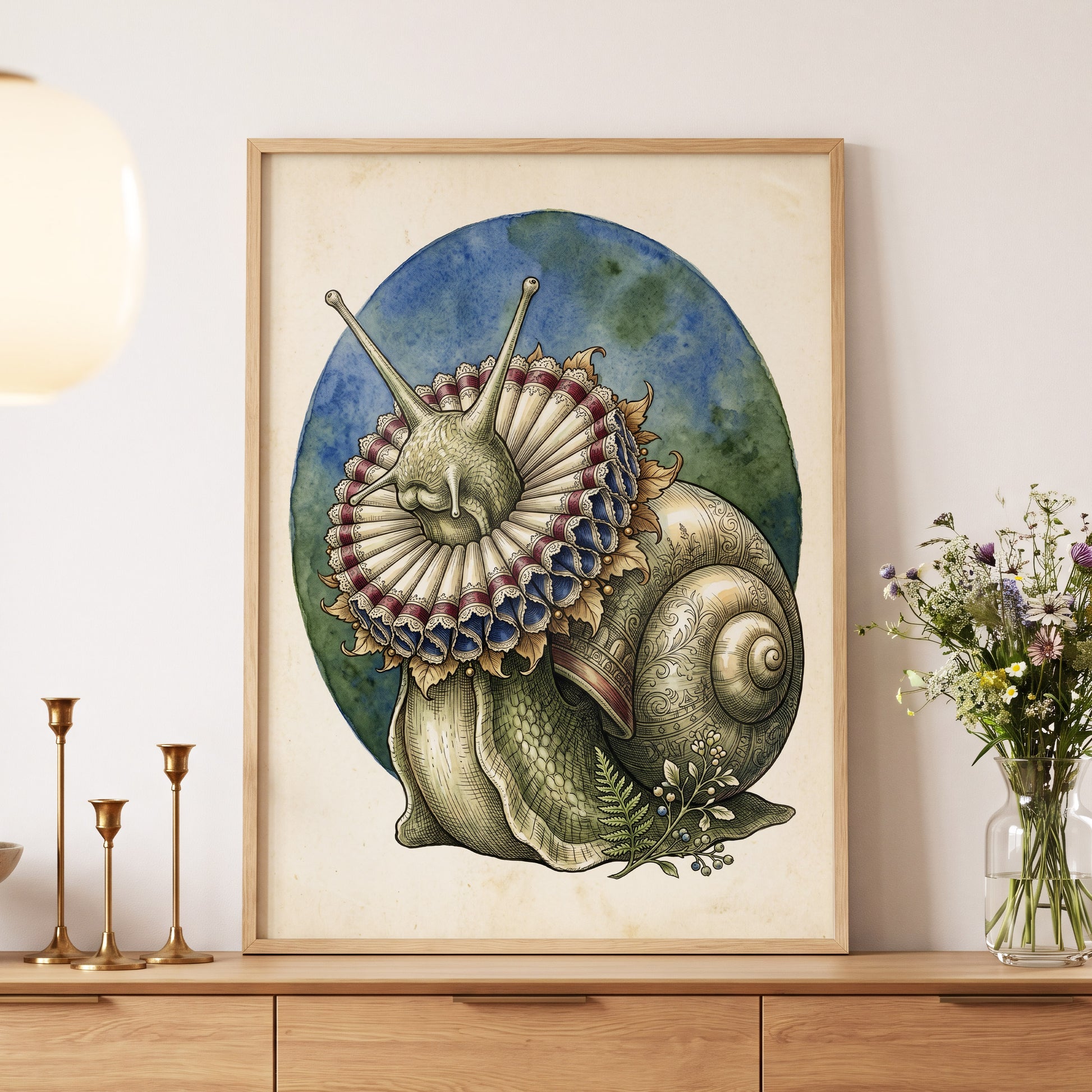 The Ruffled Snail, beige, blue, green nature wall art displayed in a styled interior, gallery view 9
