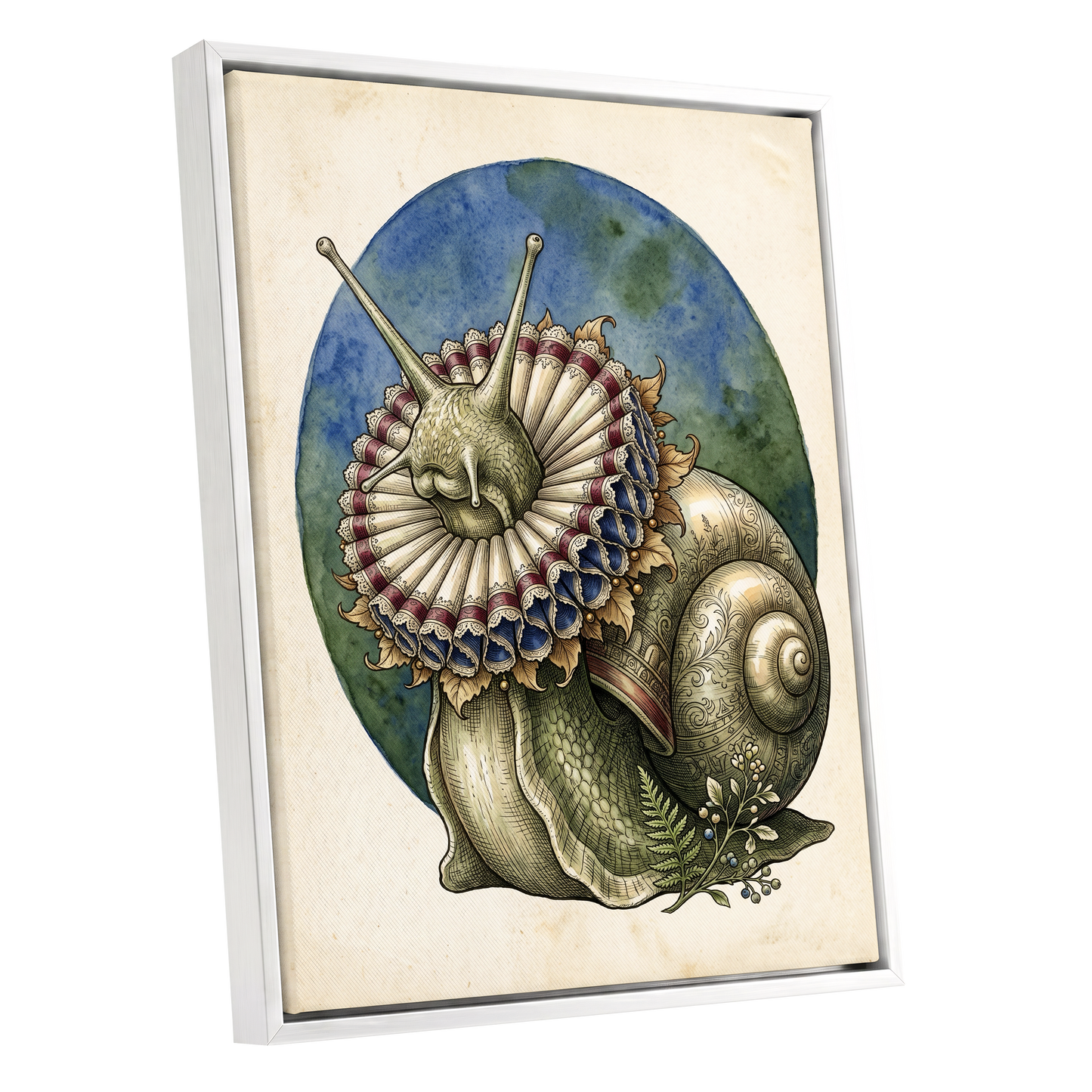 The Ruffled Snail, beige, blue, green nature wall art shown as a white framed canvas wall art