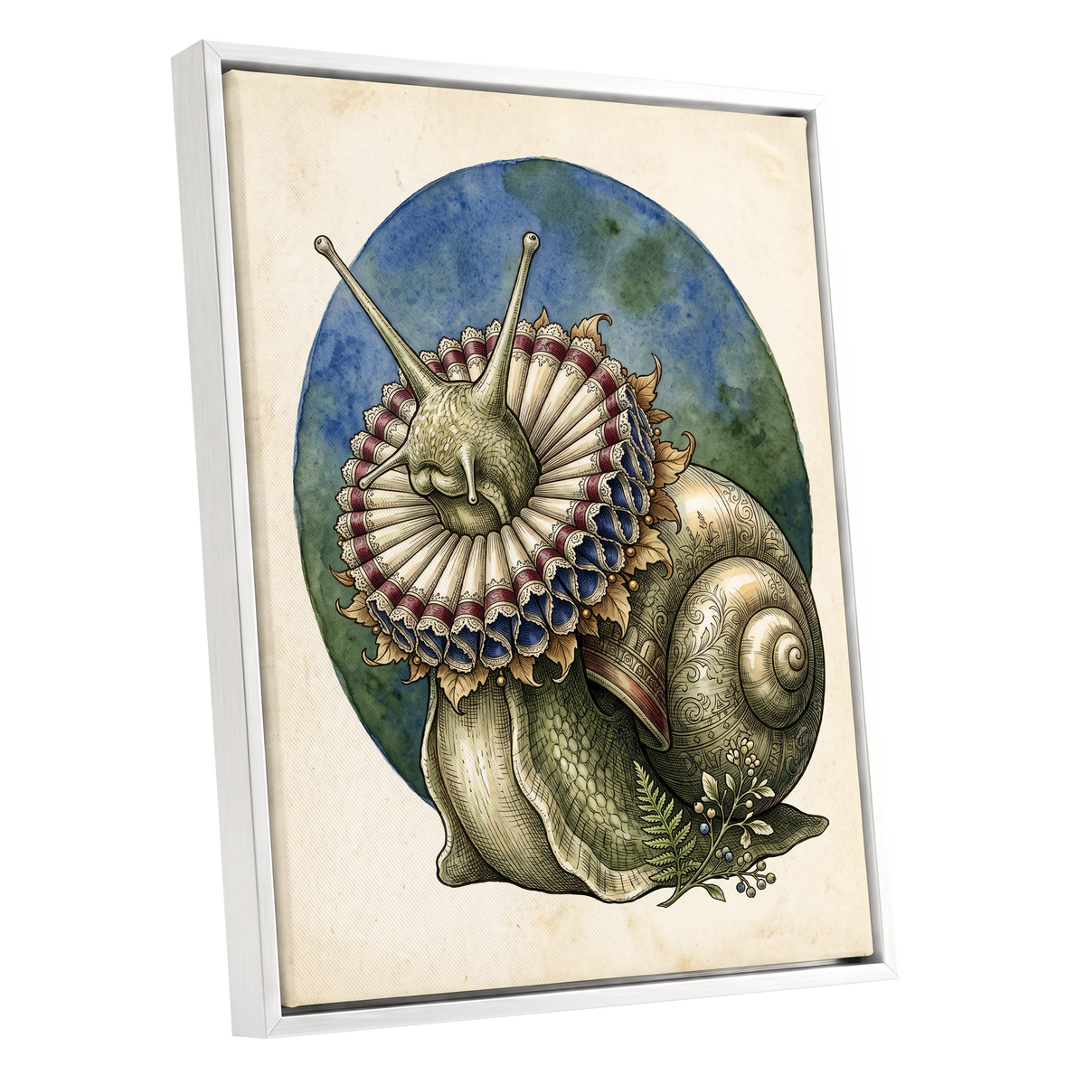 The Ruffled Snail, beige, blue, green nature wall art shown as a white framed canvas wall art