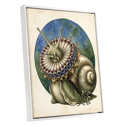 The Ruffled Snail, beige, blue, green nature wall art shown as a white framed canvas wall art
