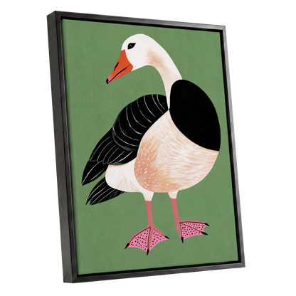The Sage Goose, green, black, white nature wall art shown as a black framed canvas wall art