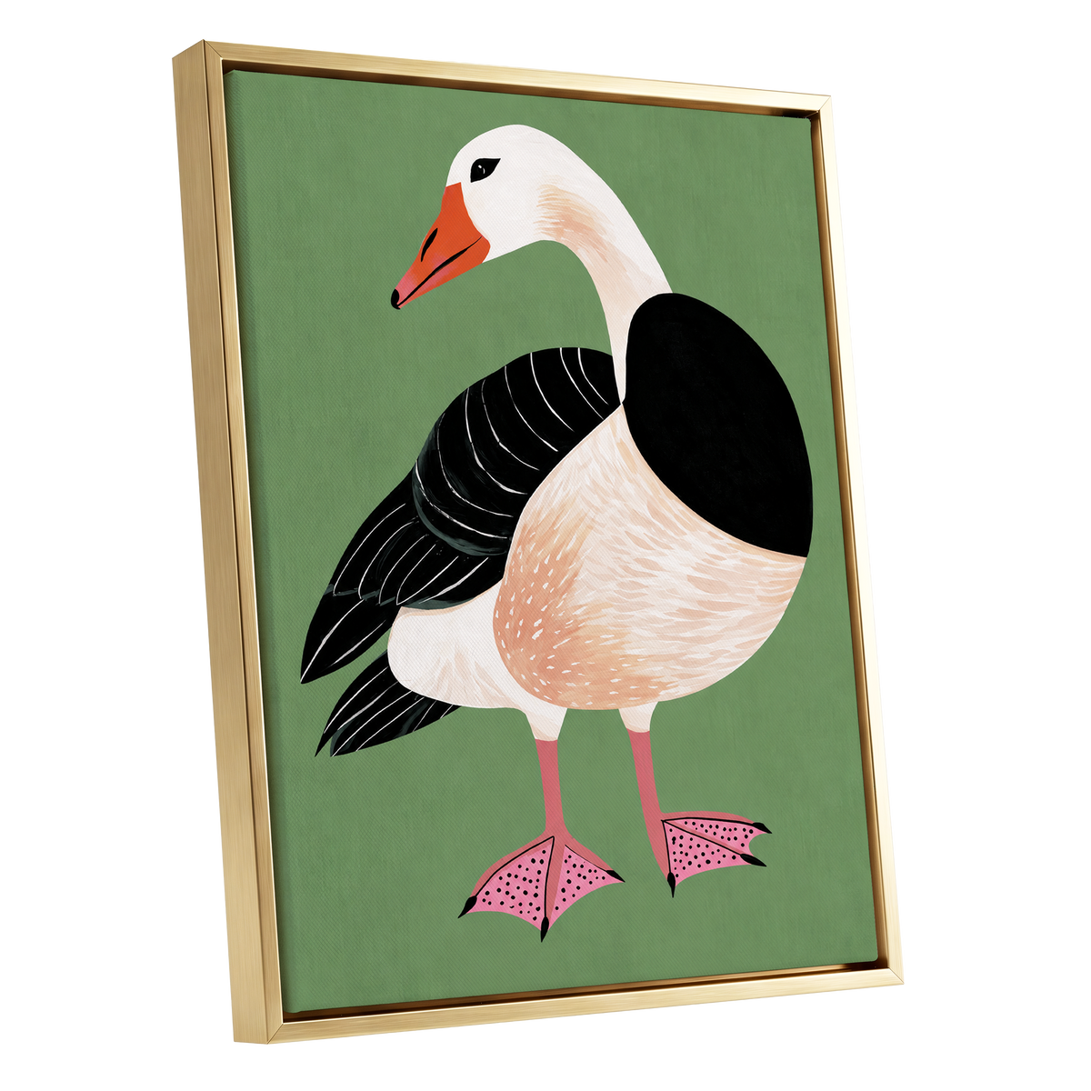 The Sage Goose, green, black, white nature wall art shown as a gold framed canvas wall art