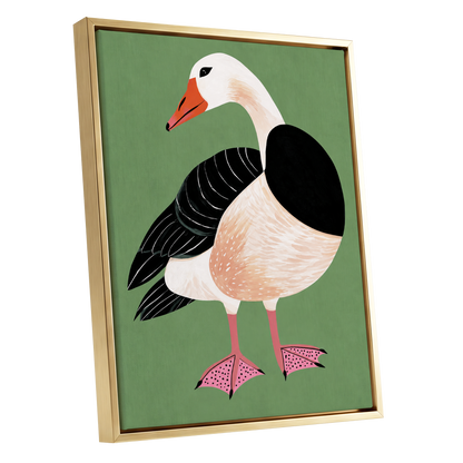 The Sage Goose, green, black, white nature wall art shown as a gold framed canvas wall art