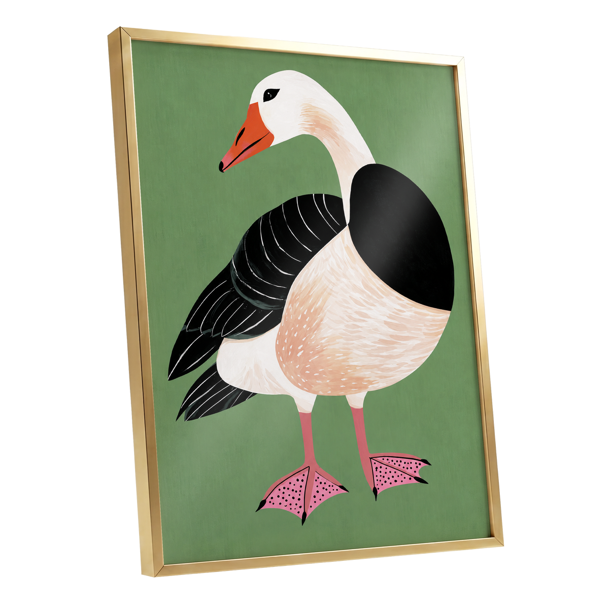The Sage Goose, green, black, white nature wall art shown as a gold framed poster wall art print