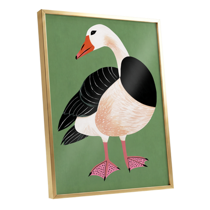 The Sage Goose, green, black, white nature wall art shown as a gold framed poster wall art print