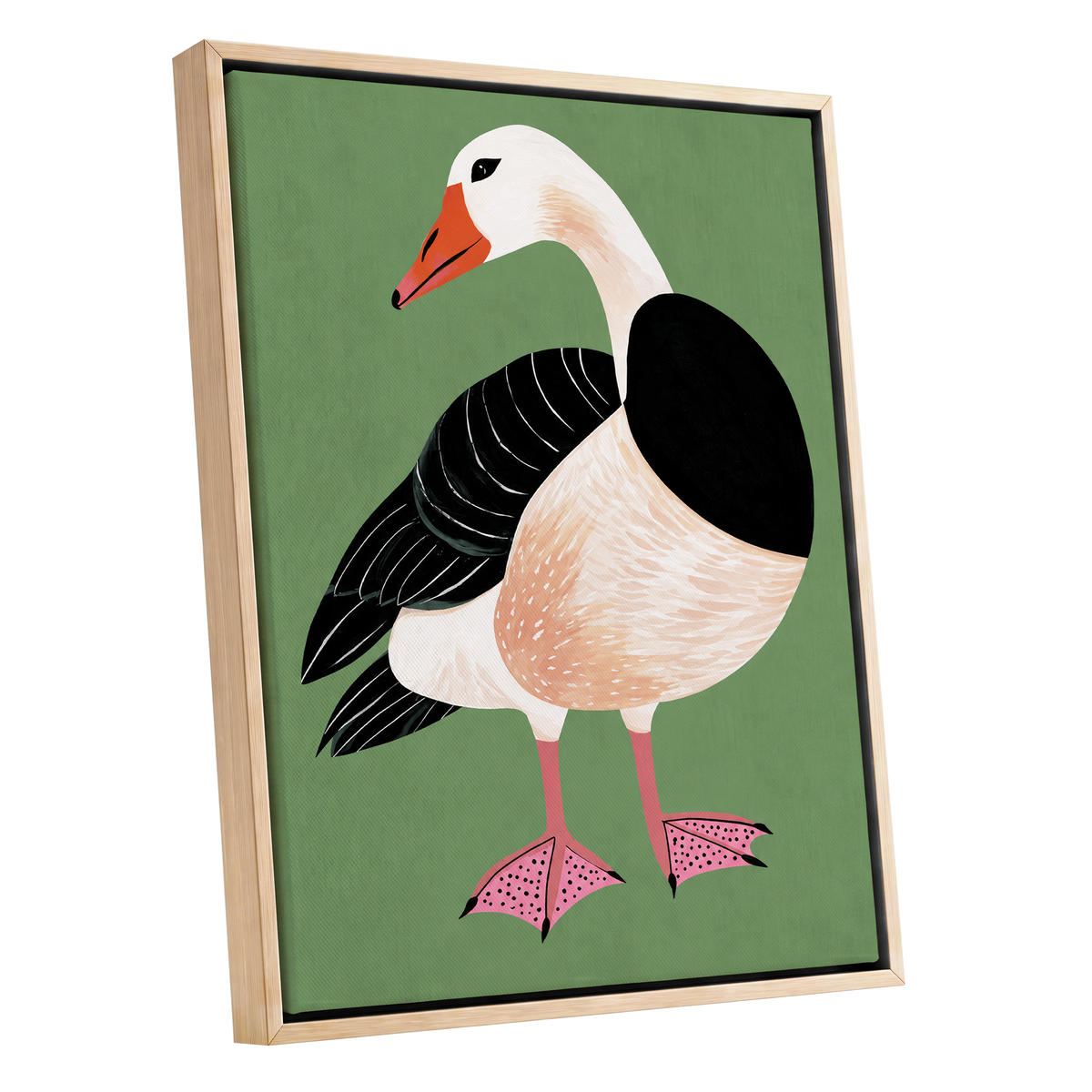 The Sage Goose, green, black, white nature wall art shown as a oak framed canvas wall art