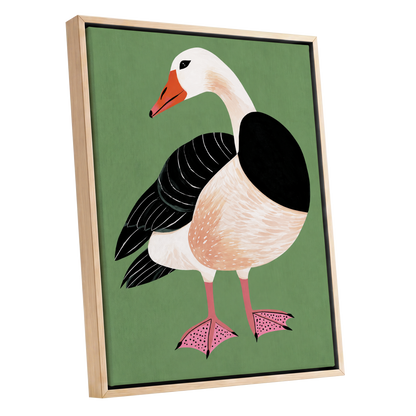The Sage Goose, green, black, white nature wall art shown as a oak framed canvas wall art