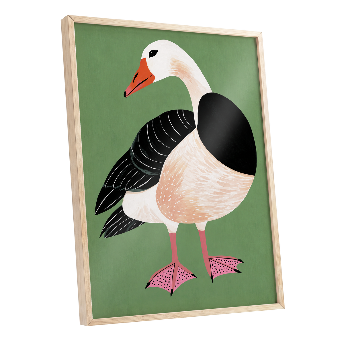 The Sage Goose, green, black, white nature wall art shown as a oak framed poster wall art print
