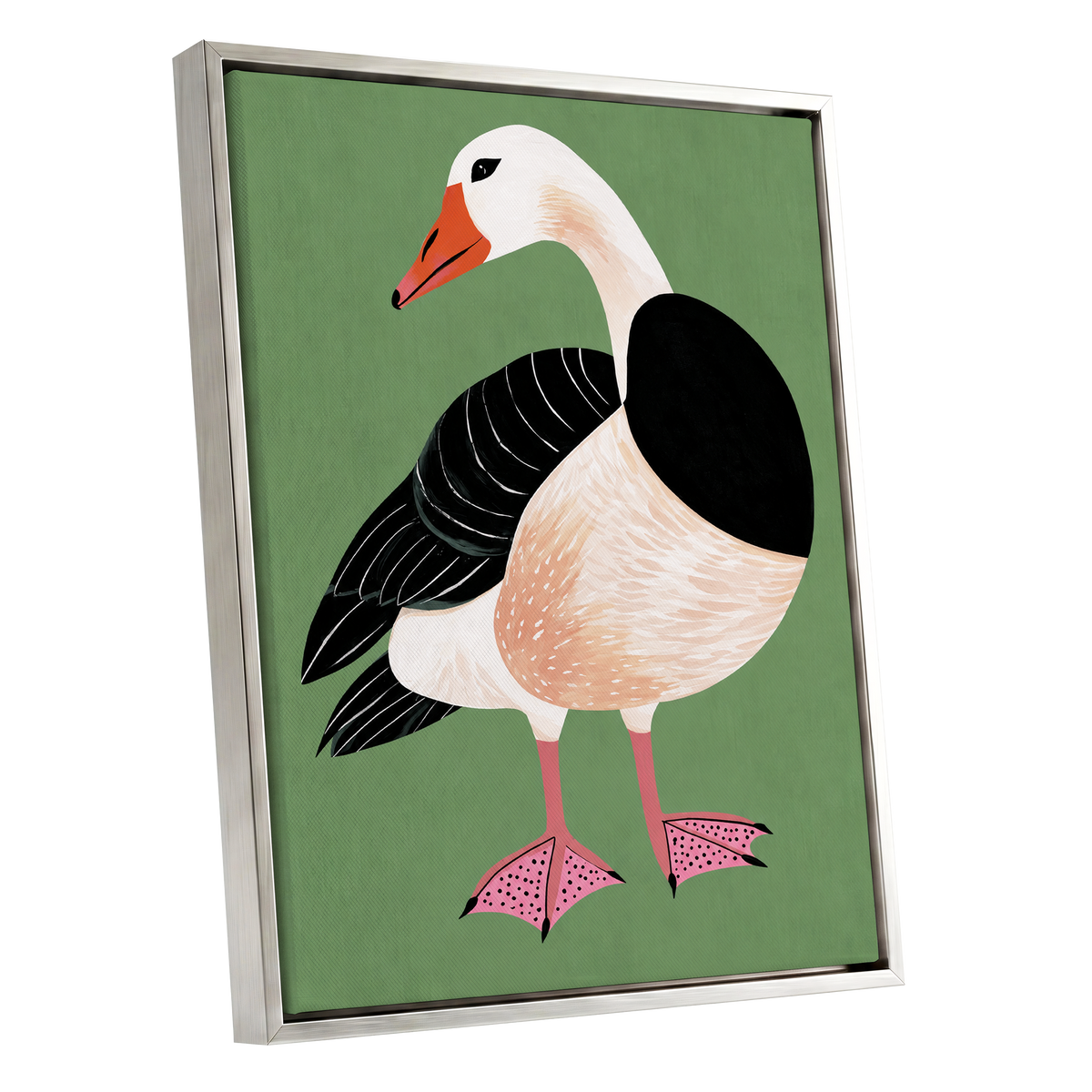 The Sage Goose, green, black, white nature wall art shown as a silver framed canvas wall art