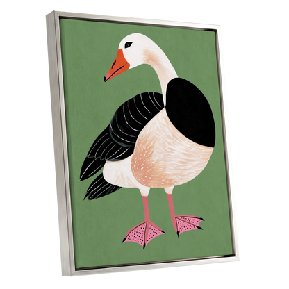 The Sage Goose, green, black, white nature wall art shown as a silver framed canvas wall art