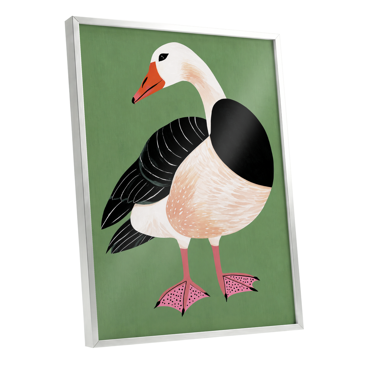 The Sage Goose, green, black, white nature wall art shown as a silver framed poster wall art print