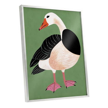 The Sage Goose, green, black, white nature wall art shown as a silver framed poster wall art print