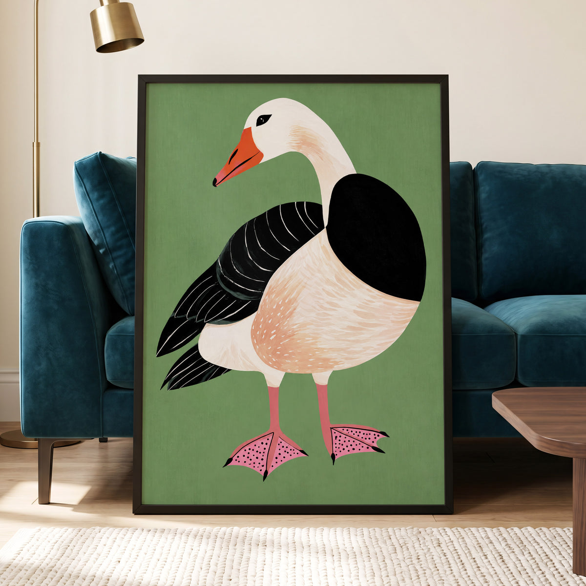 The Sage Goose, green, black, white nature wall art displayed in a styled interior, gallery view 2