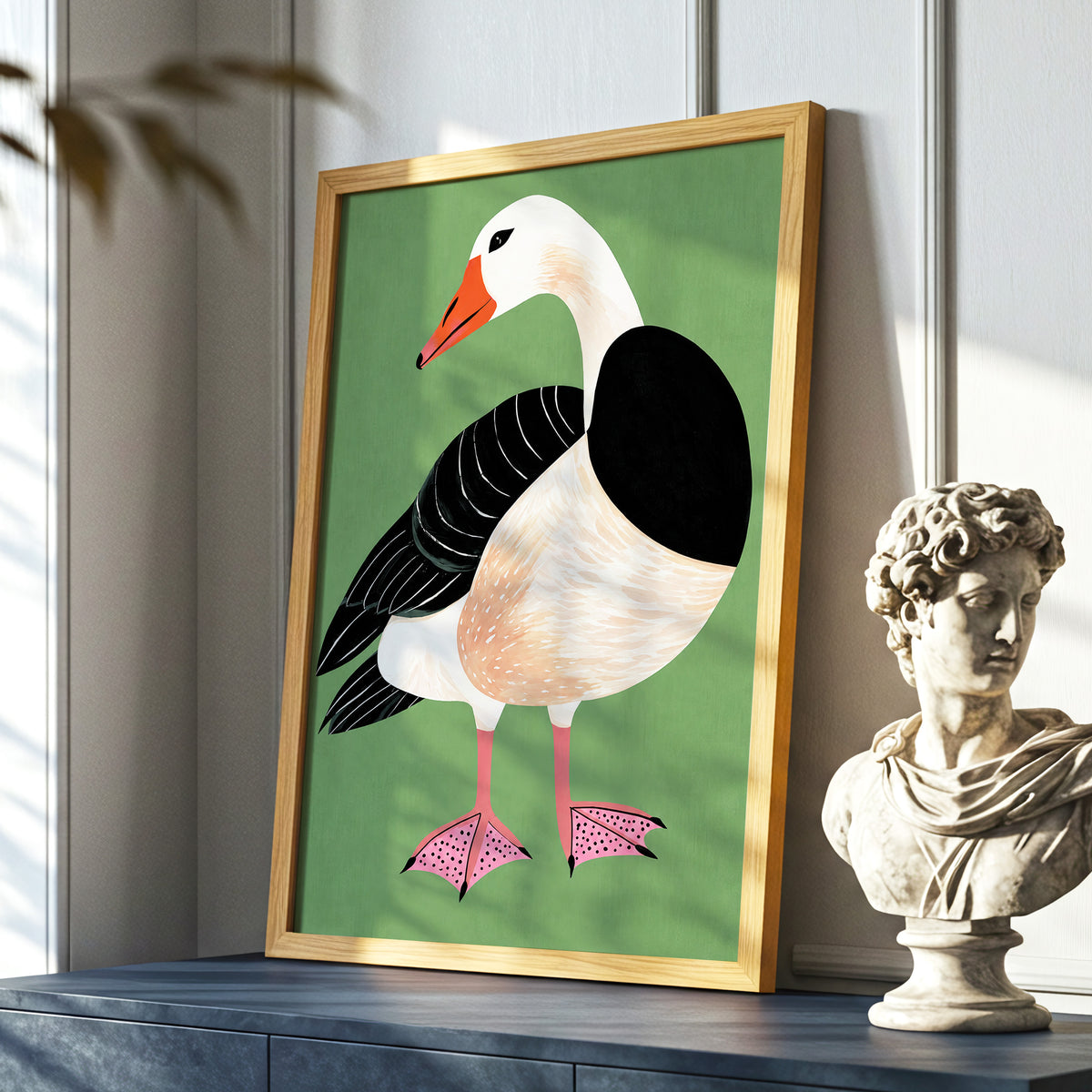 The Sage Goose, green, black, white nature wall art displayed in a styled interior, gallery view 6