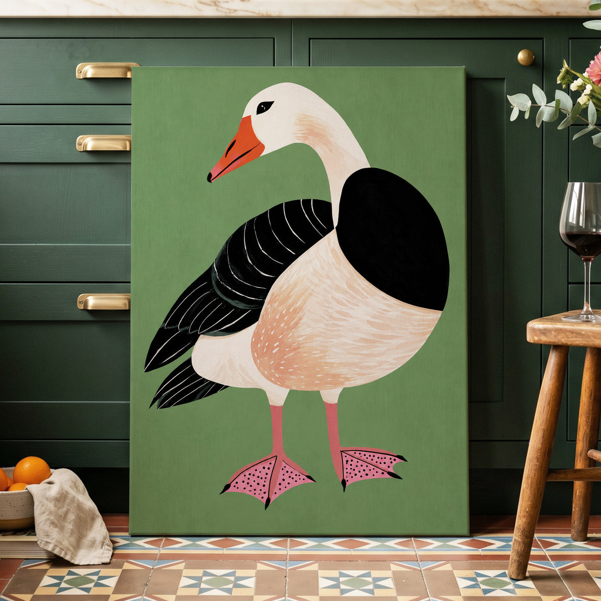 The Sage Goose, green, black, white nature wall art displayed in a styled interior, gallery view 7