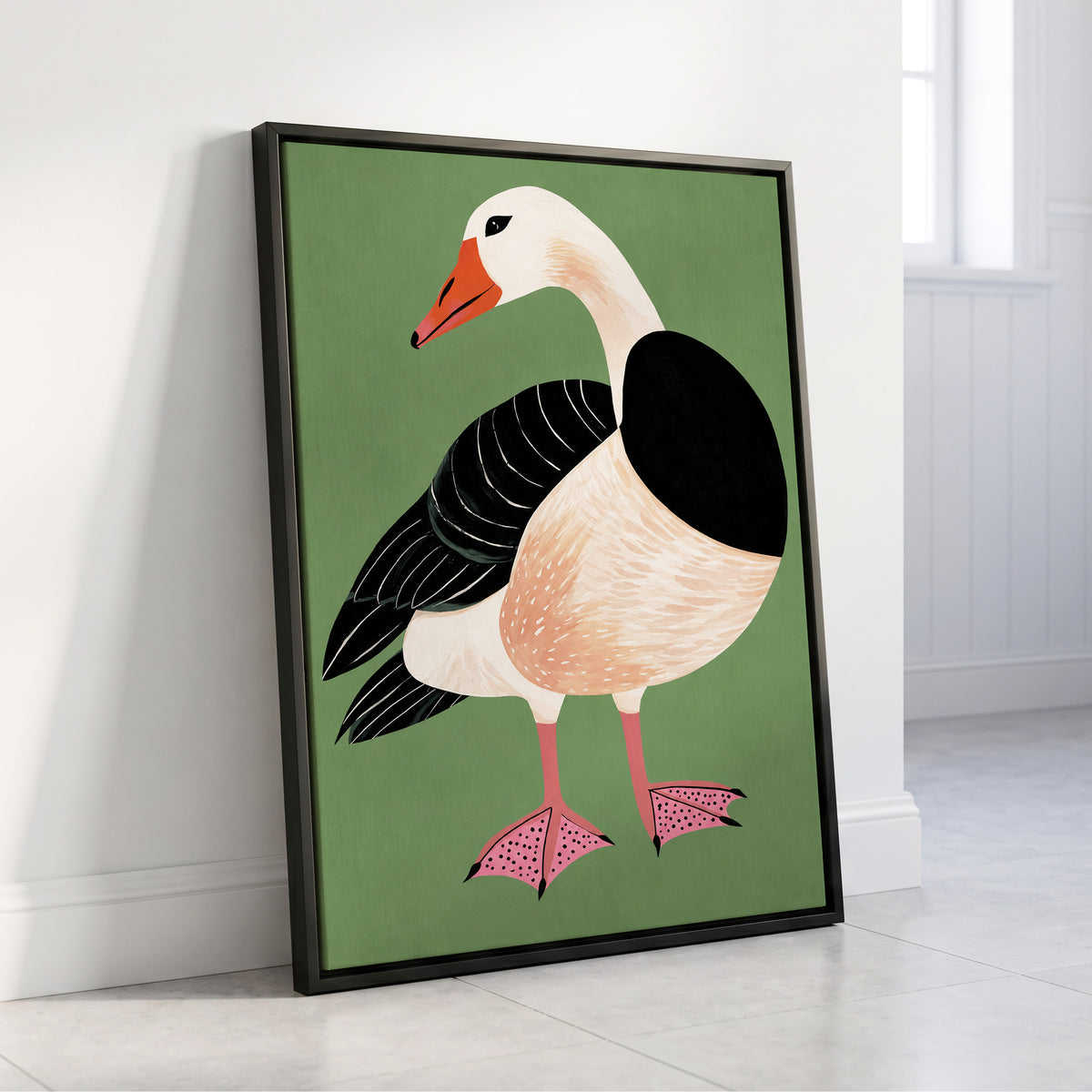 The Sage Goose, green, black, white nature wall art displayed in a styled interior, gallery view 8