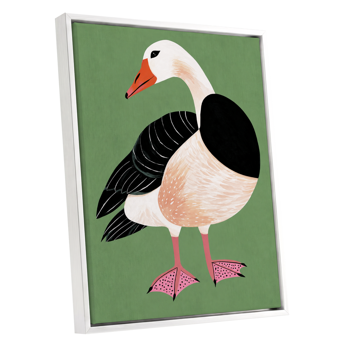 The Sage Goose, green, black, white nature wall art shown as a white framed canvas wall art