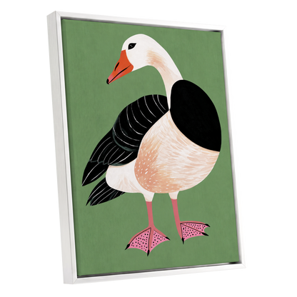The Sage Goose, green, black, white nature wall art shown as a white framed canvas wall art