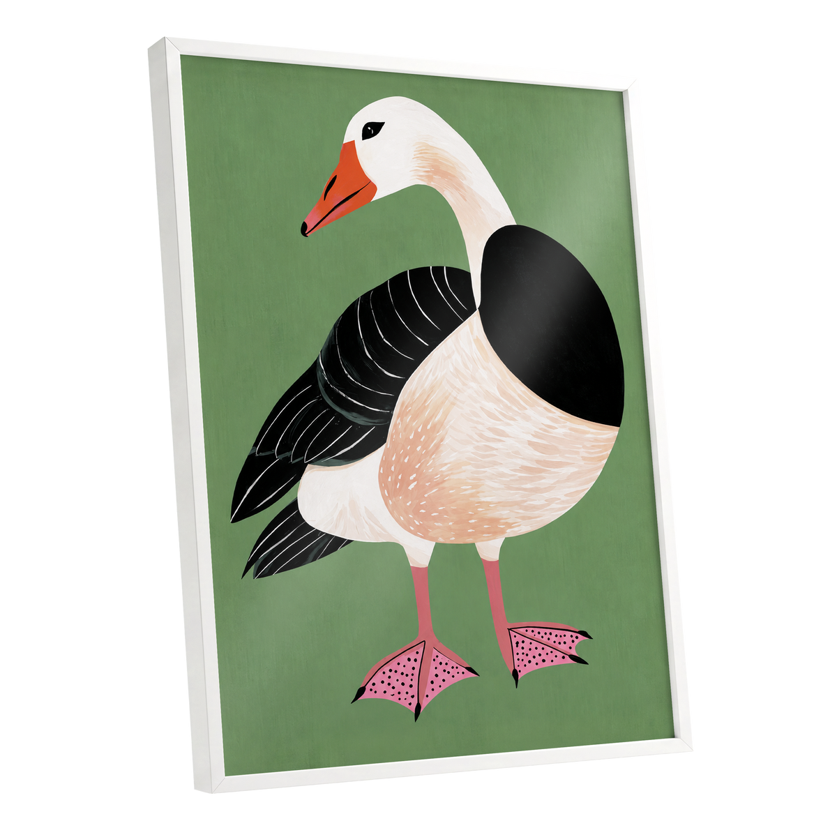 The Sage Goose, green, black, white nature wall art shown as a white framed poster wall art print