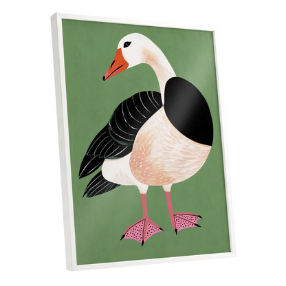 The Sage Goose, green, black, white nature wall art shown as a white framed poster wall art print